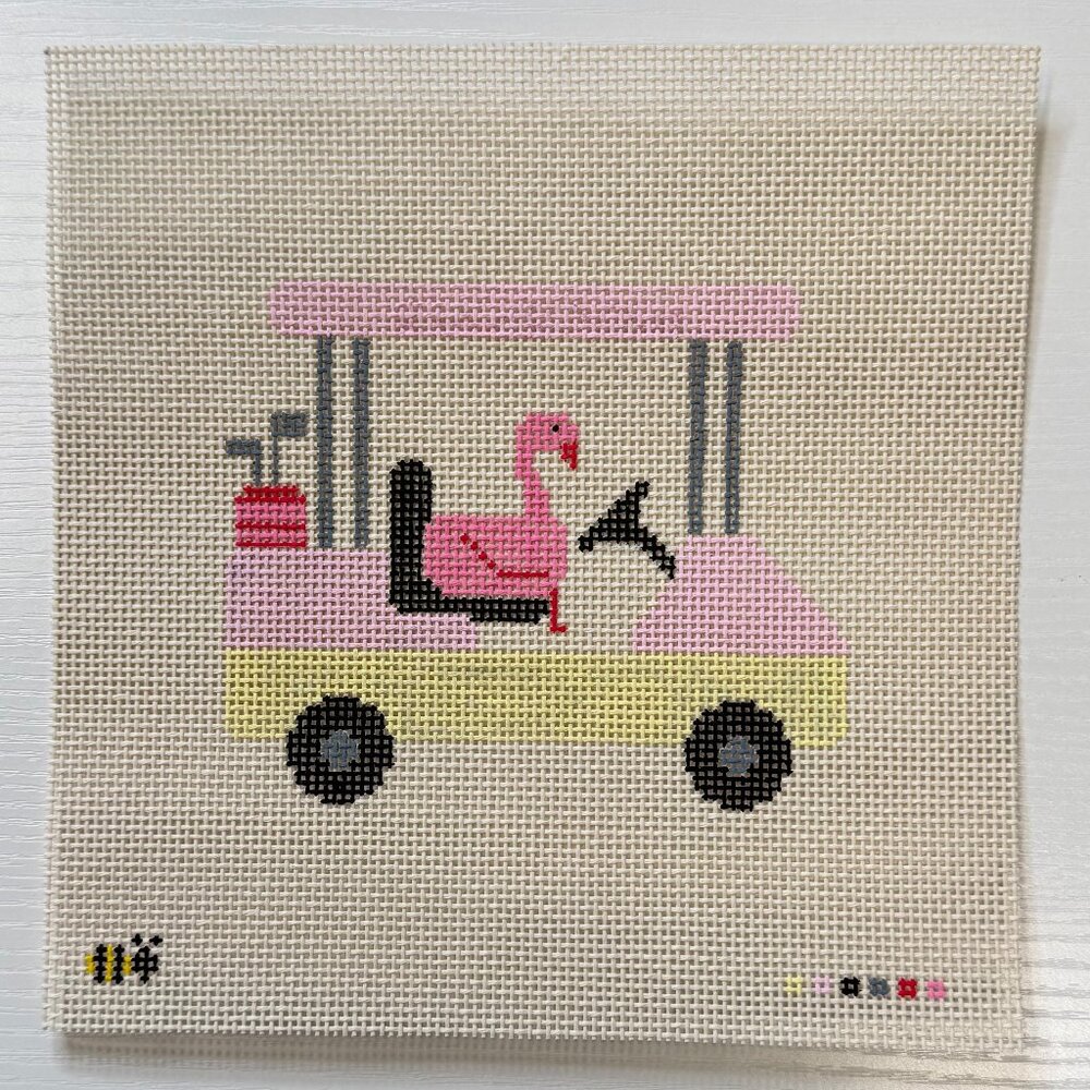 Flamingo Golfcart Needlepoint Canvas